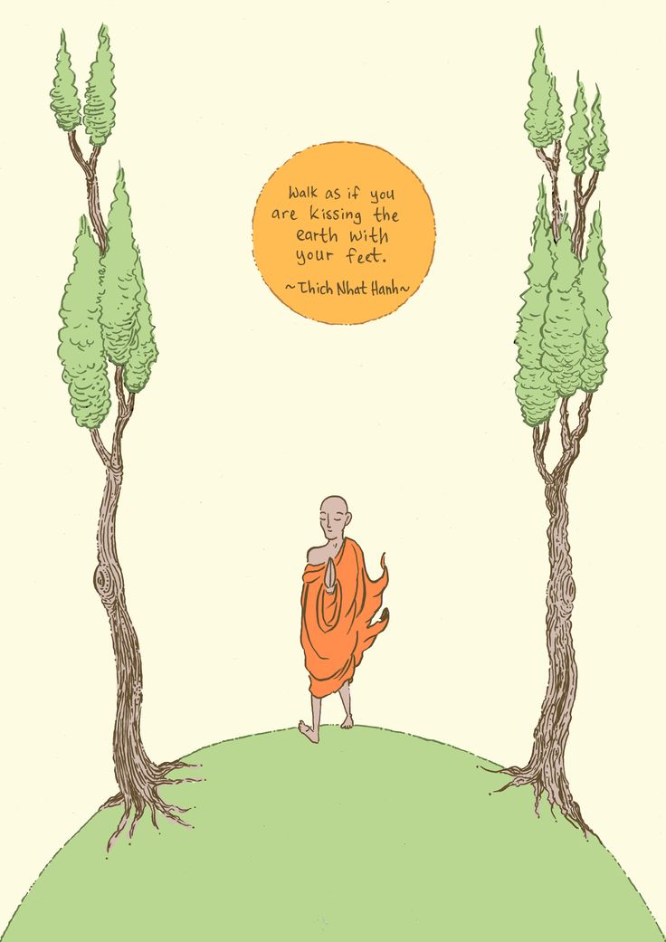 Illustration of Thich Nhat Hanh walking on green hill next to trees with quote "Walk as if you are kissing the earth with your feet"